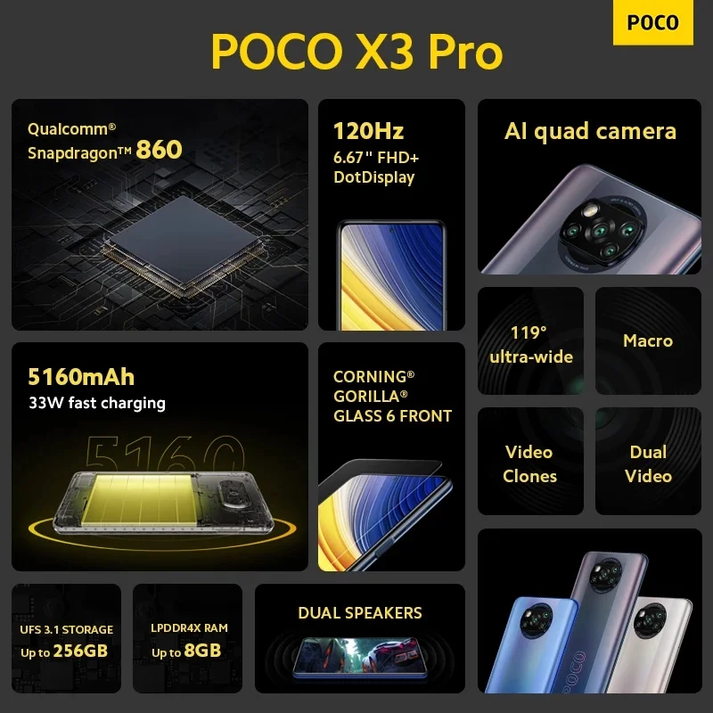 Смартфон POCO X3 Pro глобальная версия Snapdragon 860 120 Гц dot Display 3 1 UFS 128 Гб/256 ГБ 5160 мАч 33 Вт NFC