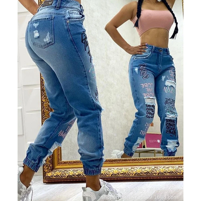 WEPBEL Jeans Women's Casual Ripped Pocket Jeans Summer Fashion High Waist Button Letter Printed Denim Pencil Pants
WEPBEL Jeans Women's Casual Ripped Pocket Jeans Summer Fashion High Waist Button Letter Printed Denim Pencil Pants