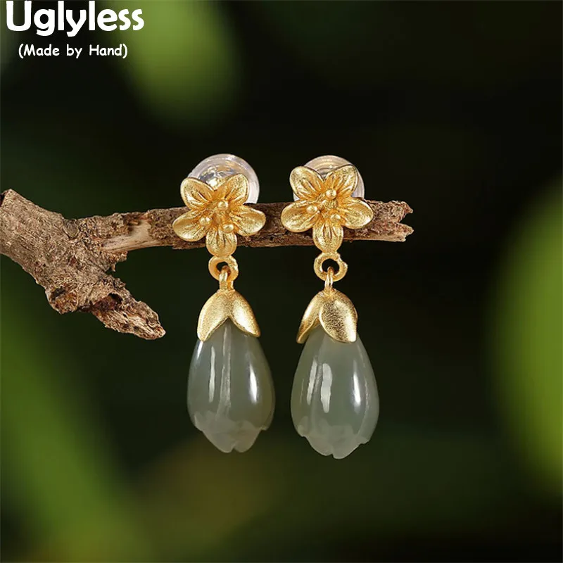 

Uglyless Natural Jade Magnolia Flower Earrings Women Gold Plated Floral Dangle Earrings Real 925 Sterling Silver Brincos E1385