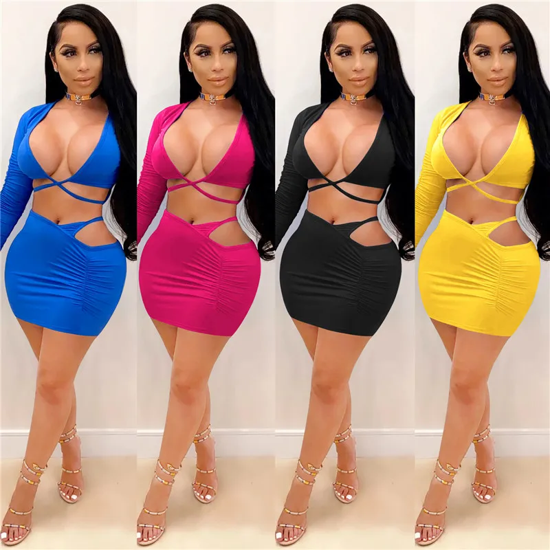 Sexy Hollow Out 2 Pieces Set Women Long Sleeve Deep V-neck Lace-up T-shirt Crop Tops High Waist Short Pencil Skirts
Sexy Hollow Out 2 Pieces Set Women Long Sleeve Deep V-neck Lace-up T-shirt Crop Tops High Waist Short Pencil Skirts