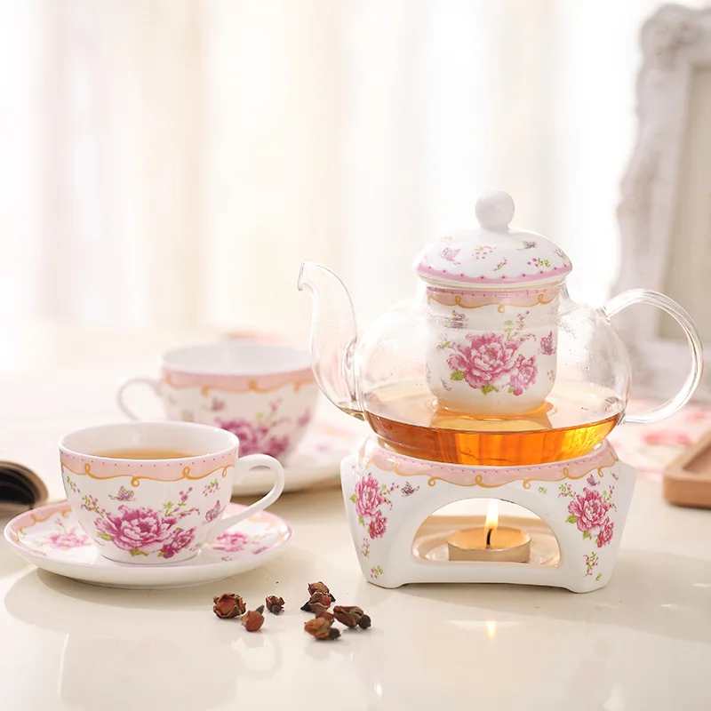 

European Style Scented Tea Set 1 Pot 2 Cups Saucer Set Afternoon Tea Flowers And Plants Fruit Teapot Candle Heating Teaware Set