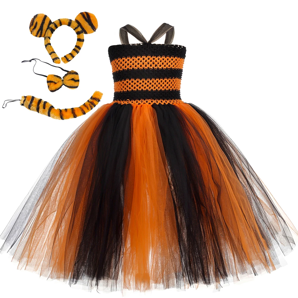 

Girls Kids Halloween Cute Tiger Tutu Dress For Perform Tiger Cosplay Costume Animal Theme Baby Girls Birthday Jungle Party Dres