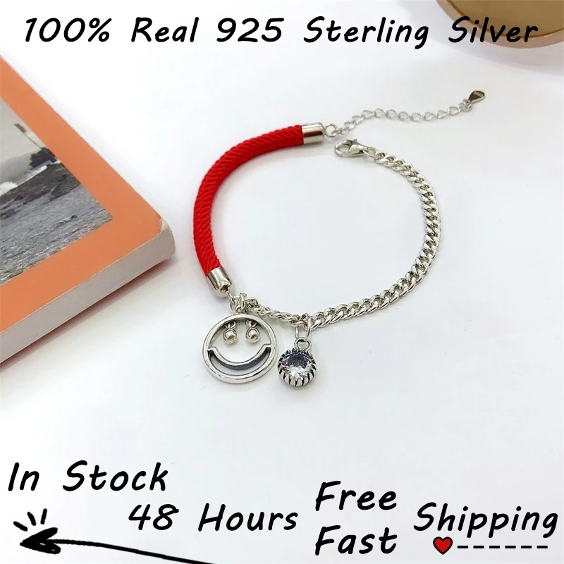 

Pulseras Plata 925 Sterling Silver Cuban Line Chain Ins Hollow Smile Face Pendants Red Bracelet Joyas S925 Zilveren Armband ì§„ì£¼