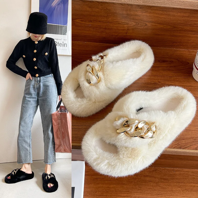 Women Fluffy Slippers Winter Home Non-slip Fur Shoes Parent-child Slip on Metal Decoration Chain Solid Flip Flops Casual Female
Women Fluffy Slippers Winter Home Non-slip Fur Shoes Parent-child Slip on Metal Decoration Chain Solid Flip Flops Casual Female