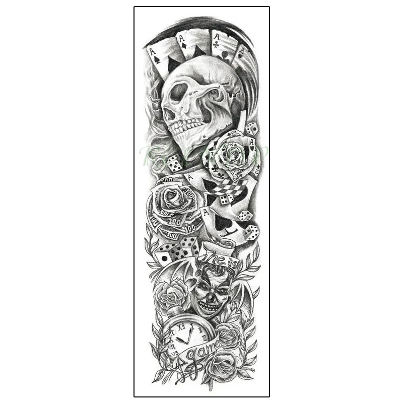 Водостойкая Временная тату наклейка игральные карты кости Череп клоун часы роза