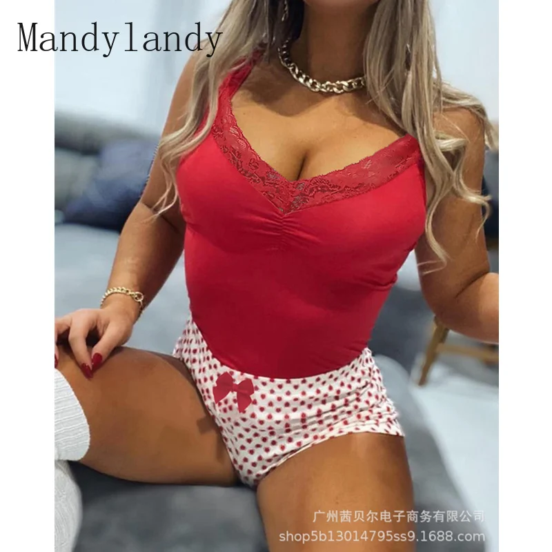 Mandylandy Women Fashion Lace Patchwork Top & Shorts Two Piece Pajamas Set Summer Sleeveless Sleepwear Homewear 
Mandylandy Women Fashion Lace Patchwork Top & Shorts Two Piece Pajamas Set Summer Sleeveless Sleepwear Homewear