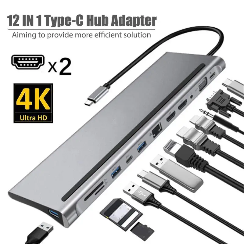 12 in 1 Type-C Hub USB3.1 to Dual HDMI-Compatible RJ45 VGA HUB MST Data Port Type-C Smart Docking Station for Notebook
12 in 1 Type-C Hub USB3.1 to Dual HDMI-Compatible RJ45 VGA HUB MST Data Port Type-C Smart Docking Station for Notebook