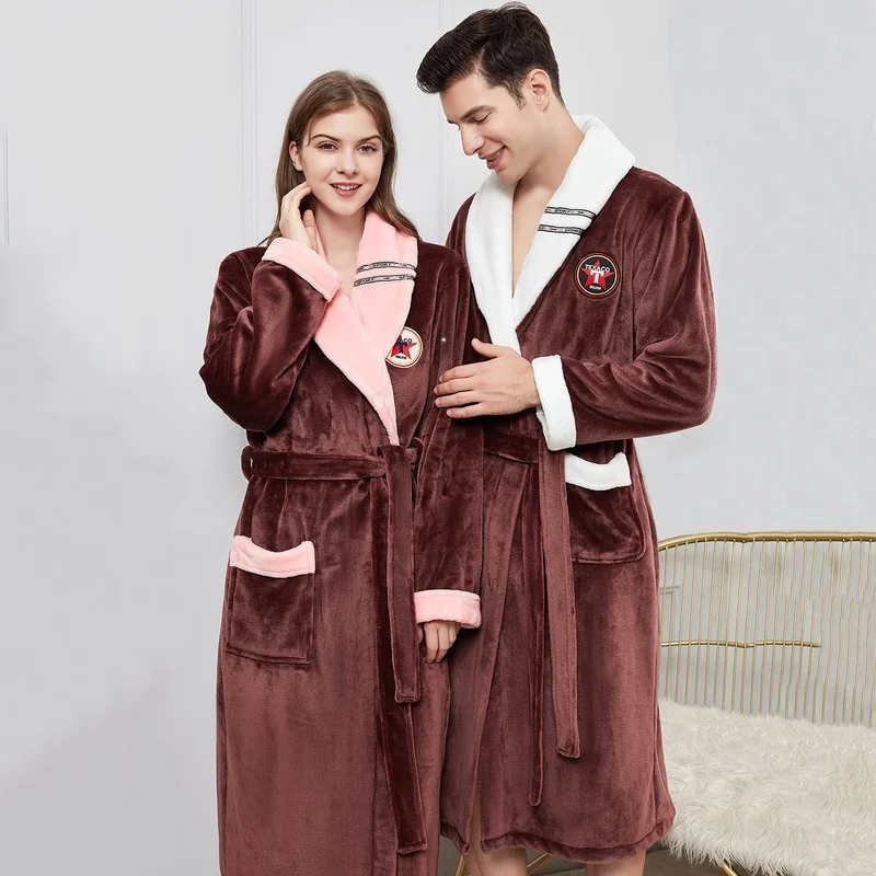 

Winter Warm Lovers Kimono Bathrobe Sleepwear Lady Men Lengthen And Thicken Robe Flannel Casual Nightdress Homewear