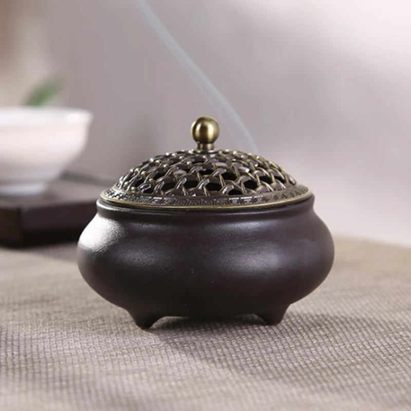 

Round Ceramic Censer Classical Incense Burner with Cover Porcelain Coil Incense Holder Vintage Incense Burner Holder