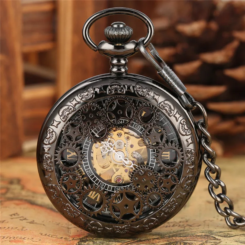 Steampunk Black Men Women Hand-wind Mechanical Pocket Watch Hollow Out Gear Case Skeleton Clock with Pendant Chain Roman Number
Steampunk Black Men Women Hand-wind Mechanical Pocket Watch Hollow Out Gear Case Skeleton Clock with Pendant Chain Roman Number