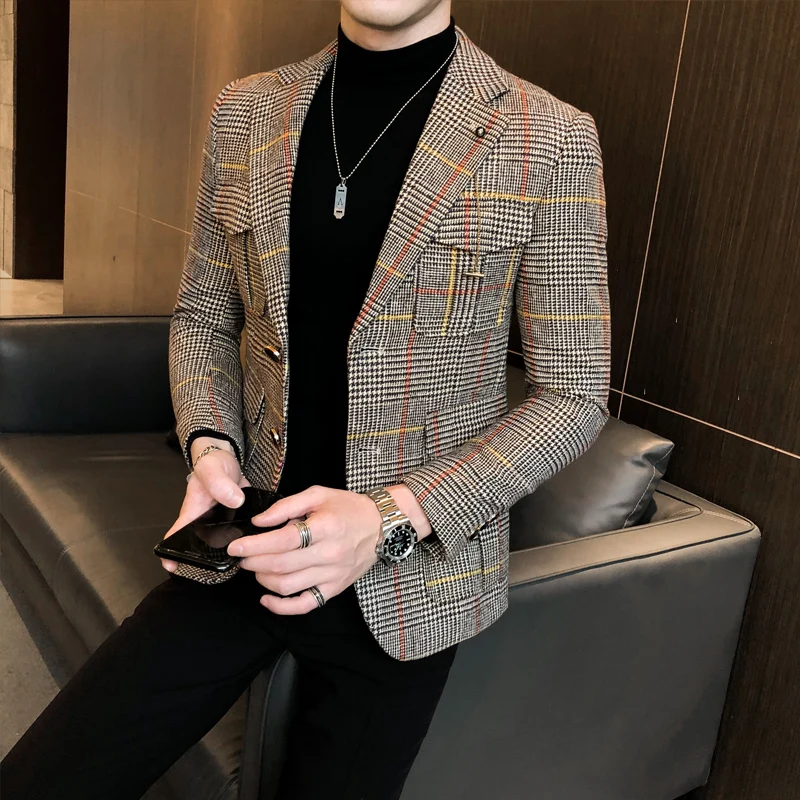

Винтаж клетчатый Блейзер Британский Стильный мужской пиджак Повседневный деловой пиджак куртка мужская с узором