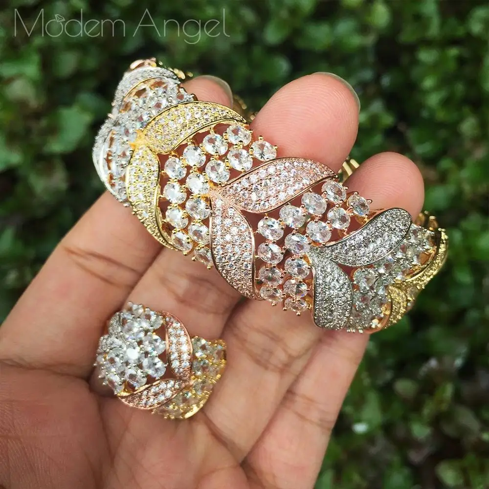 ModemAngel Brand Luxury Flower Design Cubic Zirconia Three colors Bracelets Bangle Ring Set for Women Jewelry Gifts | Украшения и