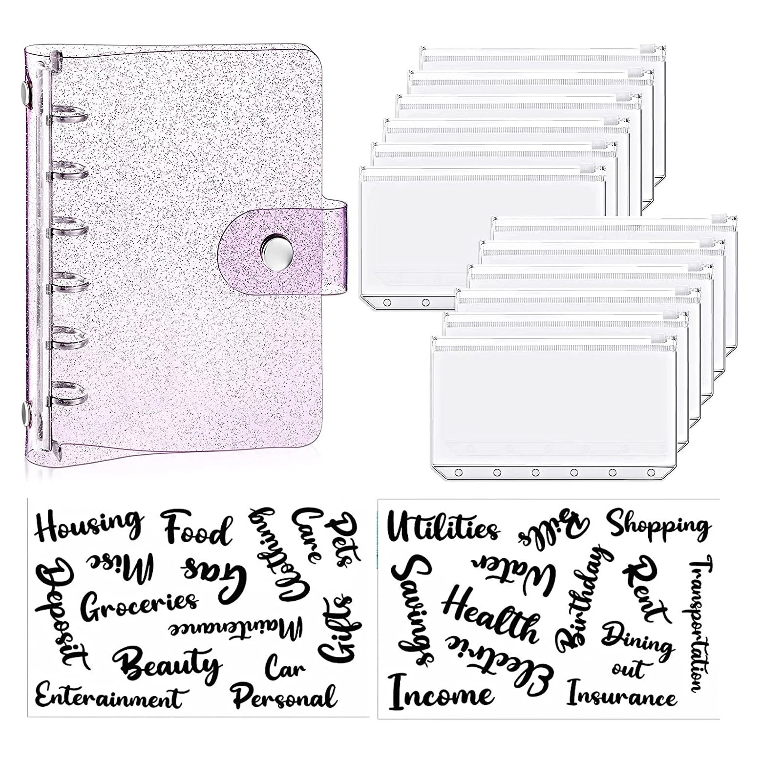15 Pieces A7 Soft PVC 6-Ring Binder Cover 12 Mini Binder Zipper Pockets and 2 Sheets Cash Envelope Sticker for Budget Planner
15 Pieces A7 Soft PVC 6-Ring Binder Cover 12 Mini Binder Zipper Pockets and 2 Sheets Cash Envelope Sticker for Budget Planner