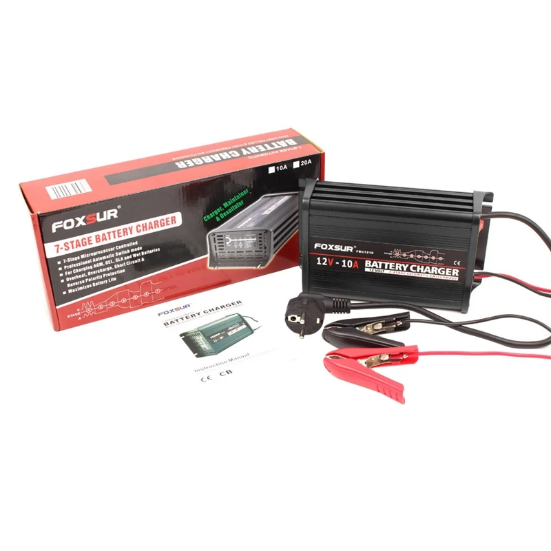 

FOXSUR 12V 10A 7-Stage Smart Lead Acid Battery Charger Car Battery Charger Input Voltage 180-260V AC 50Hz EU Plug