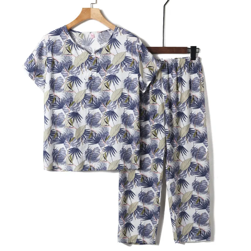 

Middle-aged and Elderly Women Summer Sets Printing T-shirt Tops & Wide Leg Pants 2 Pcs Sets Mom Pajamas Suits Home Service