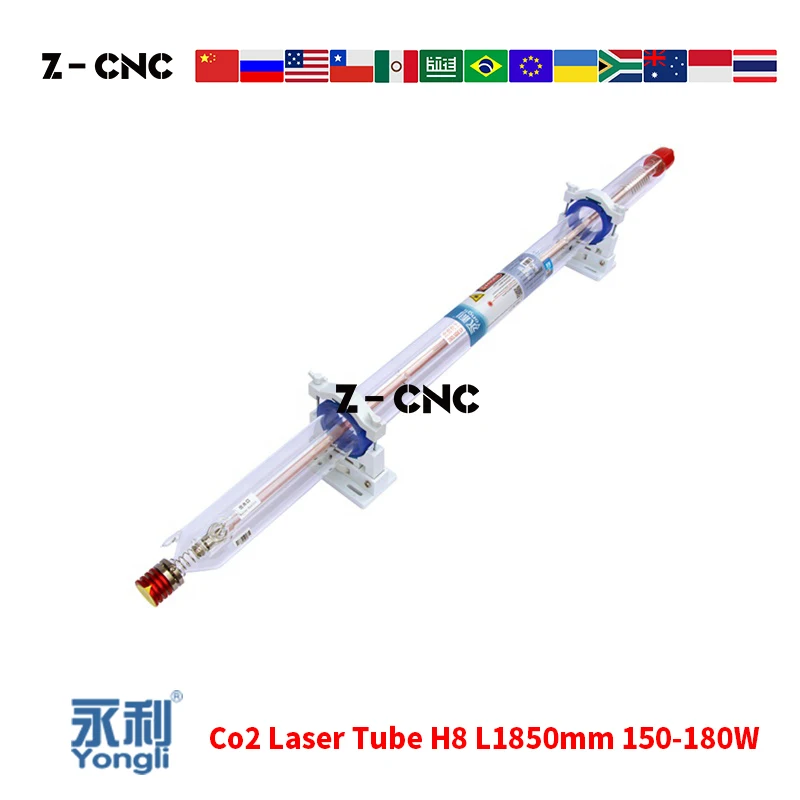 

Yongli H8 Laser Tube Co2 Glass Tube 150W 160W 170W Max 180W Length 1850mm Metal Tube Head 10 Months Warranty Plywood Package