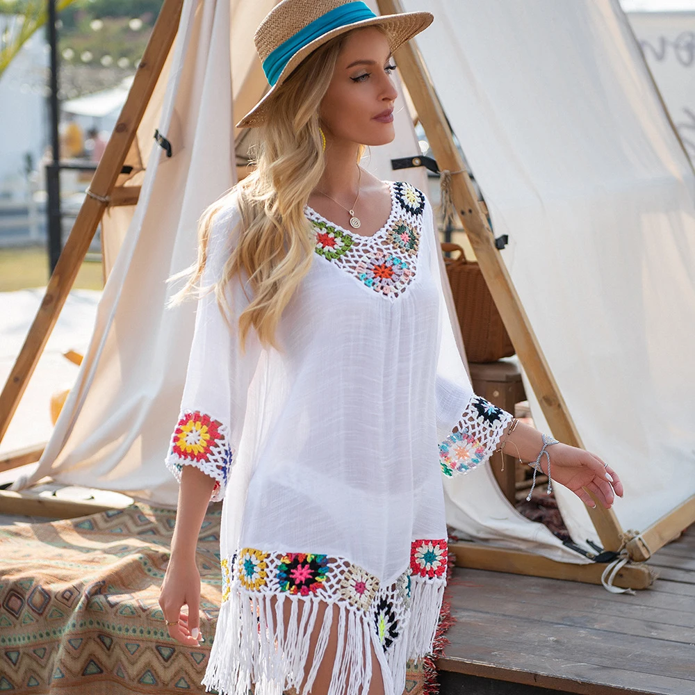 Богемная Пляжная накидка, белое бикини с длинными кисточками, вязаное крючком, сексуальное платье, купальник, праздничная одежда для плаван... 
Богемная Пляжная накидка, белое бикини с длинными кисточками, вязаное крючком, сексуальное платье, купальник, праздничная одежда для плаван...