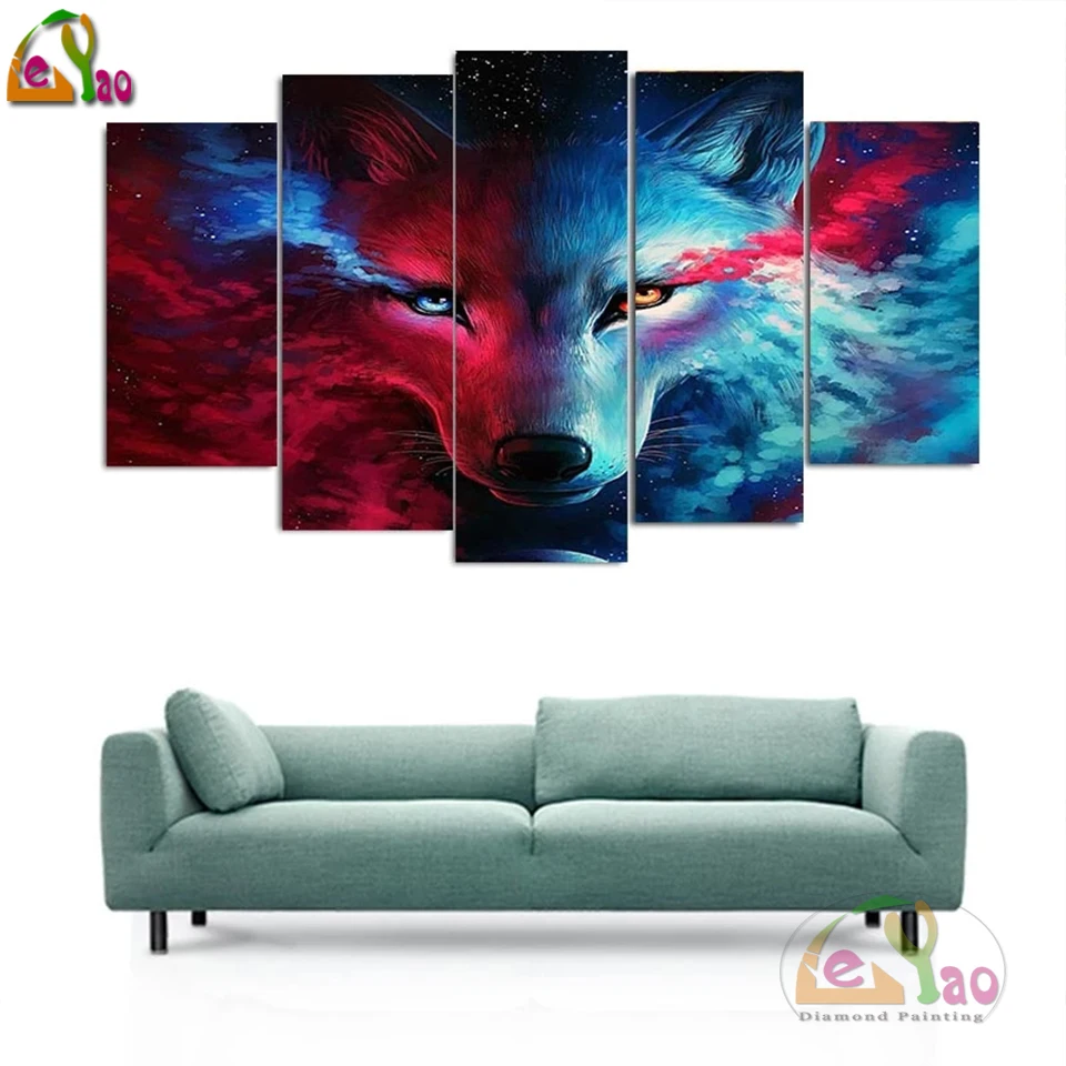 

Алмазная 5d-картина «сделай сам», 5 панелей, голова Льда и Огня волка, полная вышивка, мозаика с изображением животных, домашний декор