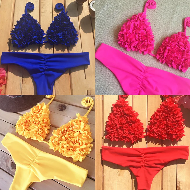 

Handmade Flowers Bikini Set Women Ruching Bum Low-waisted Two Piece Swimsuit 2019 Girl Beach Bathing Suit Swimwear Swim