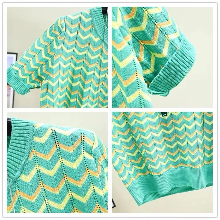 Loose and slim 2021 summer thin striped top women's ice silk short sleeve hollow out T-shirt 
Loose and slim 2021 summer thin striped top women's ice silk short sleeve hollow out T-shirt