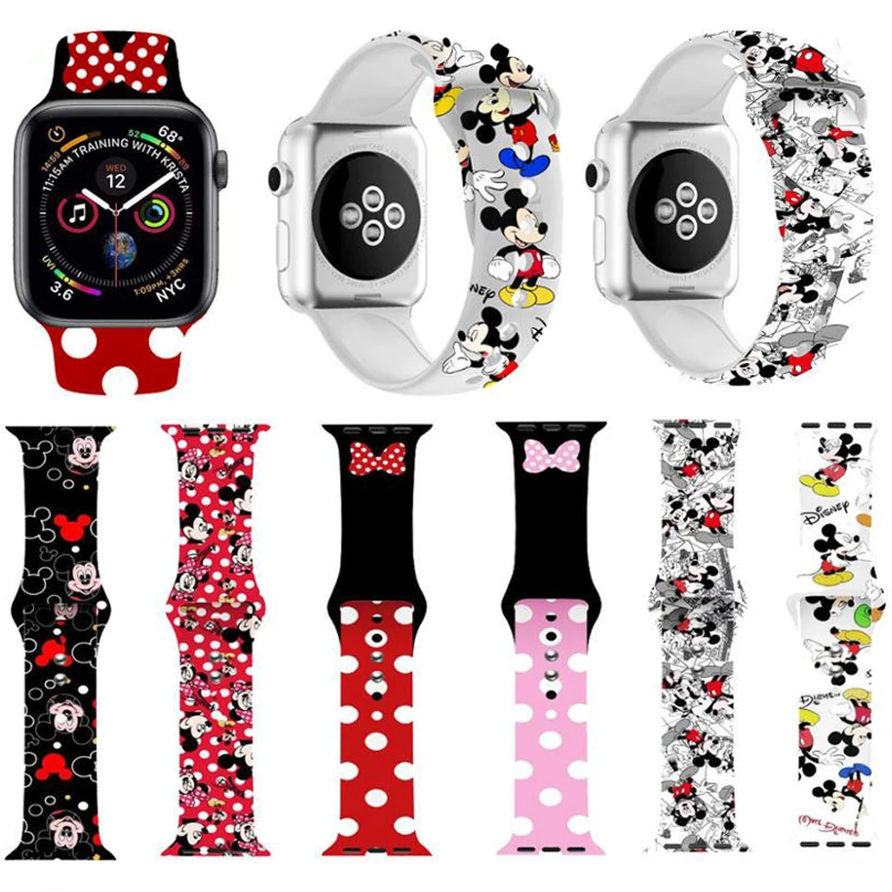 

Disney милые Микки и Минни Маус ремешок для часов для Apple iWatch, ремешок, 4, 5, 6, силиконовый браслет на запястье, запасные части для наручных часов ...