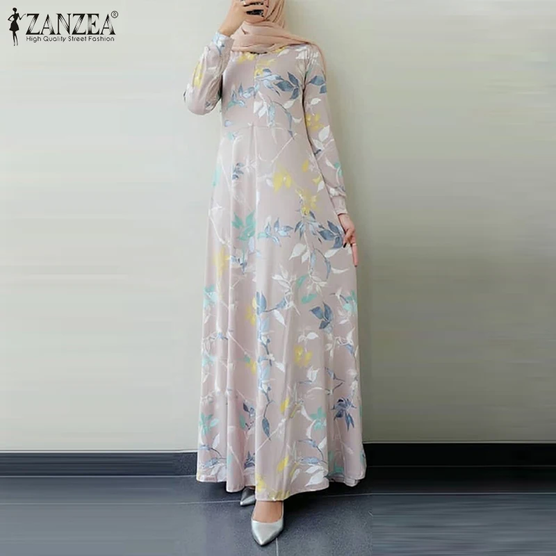 

Women Long Sleeve Dubai Abaya Turkey Hijab Dress ZANZEA Autumn Floral Printed Maix Long Dress Jilbab Islamic Clothing Caftan