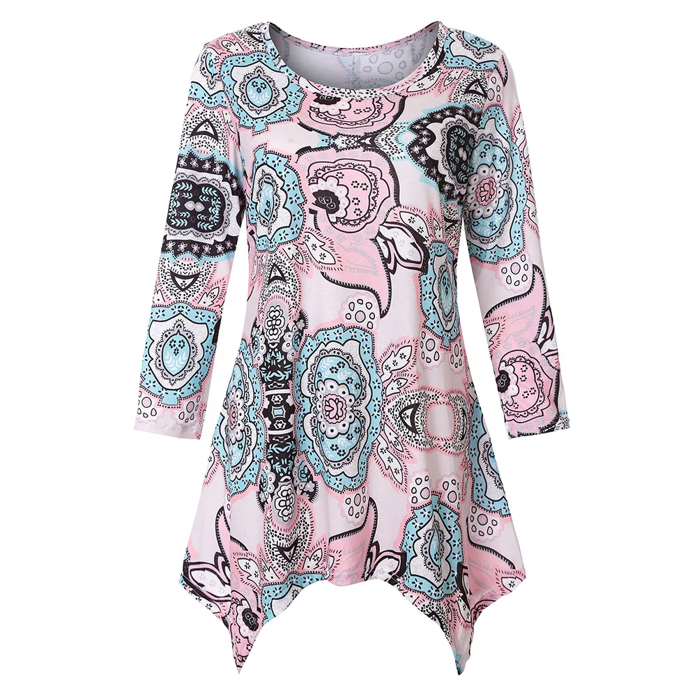 Spring new quarter sleeve irregular women's element print base T-shirt