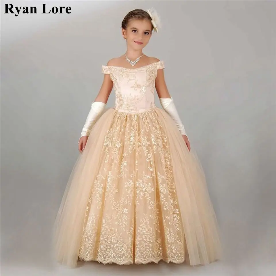 2020 New Luxury Ball Gown Fower Girl Dresses Off The Shoulder Appliques Lace Princess Dress For Weddings Elegant Pageant Gowns | Свадьбы и