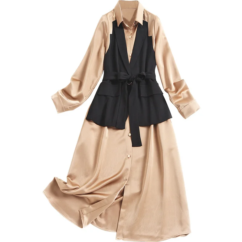 Shuchan Long Sleeve Dress for Women Office Lady Fake 2 Piece Sashes Mid-Calf Patchwork High Quality Long Dress for Summer
Shuchan Long Sleeve Dress for Women Office Lady Fake 2 Piece Sashes Mid-Calf Patchwork High Quality Long Dress for Summer