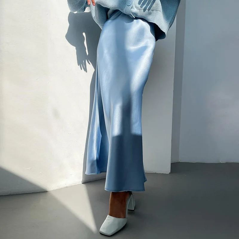 

Женская атласная Юбка-миди wsevypo, винтажная элегантная юбка-трапеция с высокой талией, однотонная Расклешенная юбка для офиса
