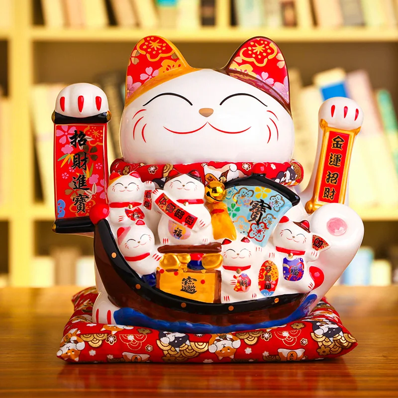 Фото Большой керамический Счастливый Кот Maneki Neko украшение для магазина открытие