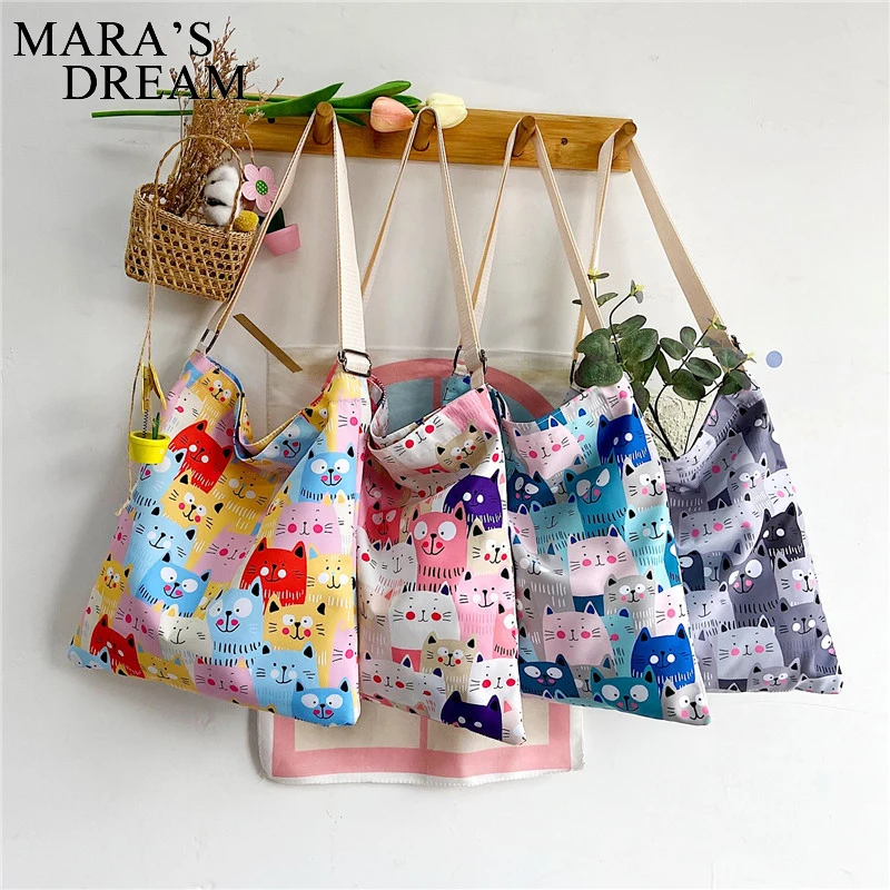 

Mara's Dream Shopping Bag Eco Friendly Ladies Reusable Cartoon Cat Print Shoulder Bag Floral Fruit Vegetable Grocery Pocket Cute