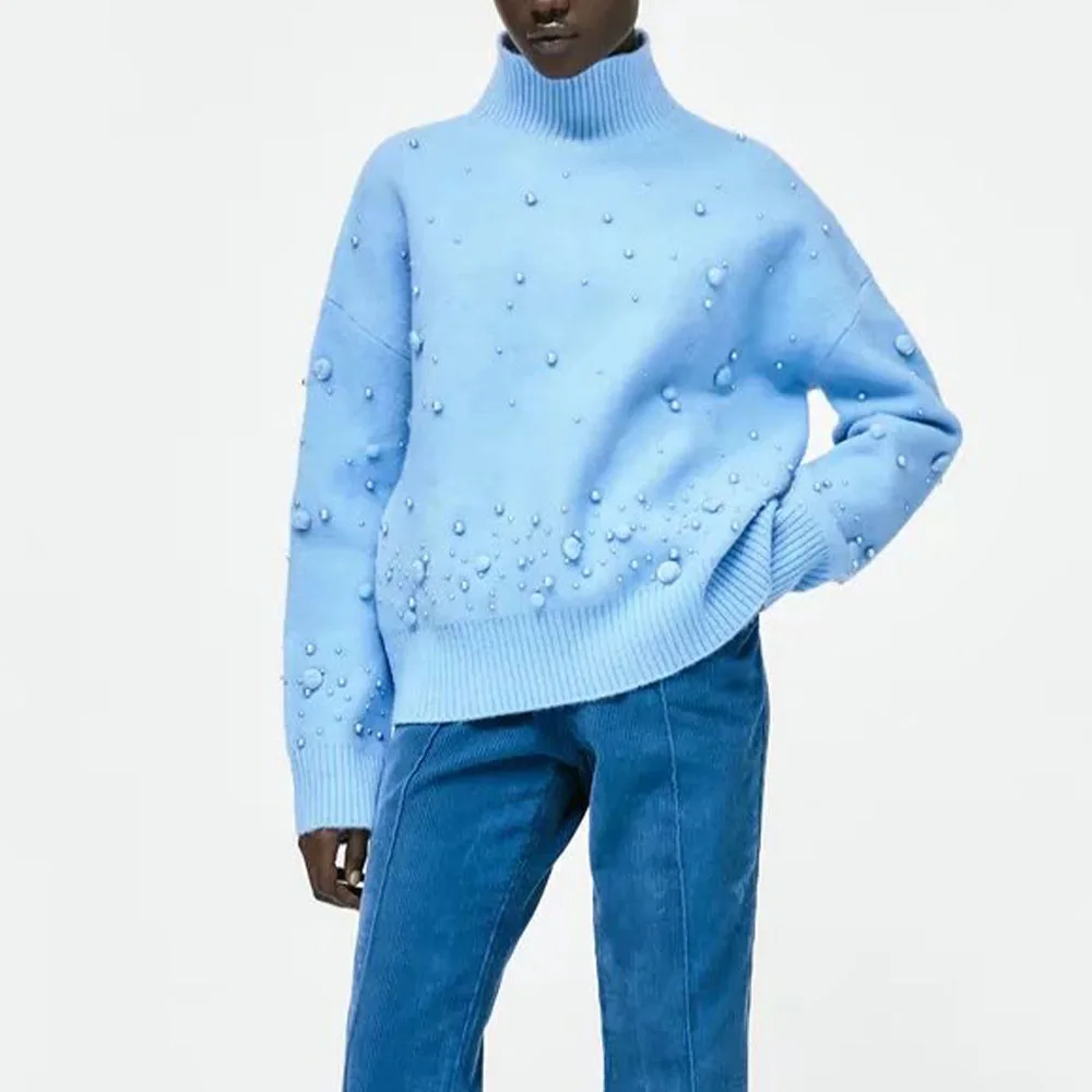 

Женский вязаный свитер с жемчужинами и блестками, винтажный пуловер с высоким воротником и длинным рукавом, шикарные топы, осень 2021