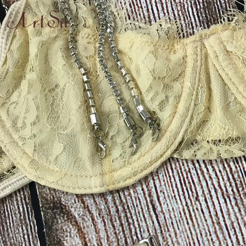 

ArtSu Sparkle Chain Push Up Bra And Panty Set Women Bodycon Intimates Lingerie Set Underwear Bralette Lace Brief Set ASSU60169
