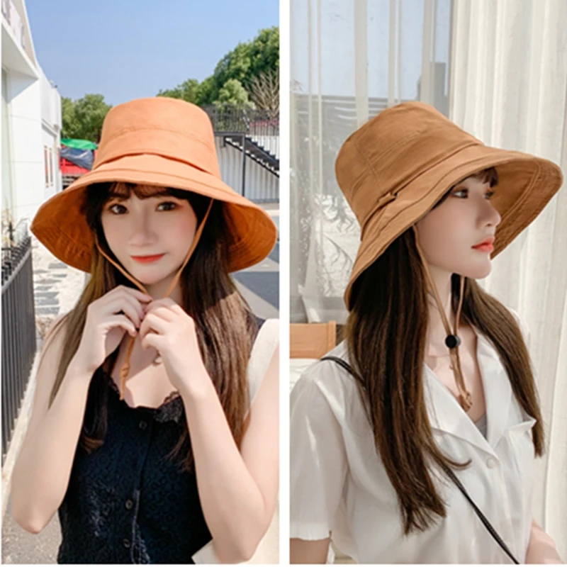 

Sun Hat Women Summer Bucket Hats Wide Brim Fisherman Hat With Windproof Rope Korean Sunhat Suncreen Beach Hat Cap New Solid