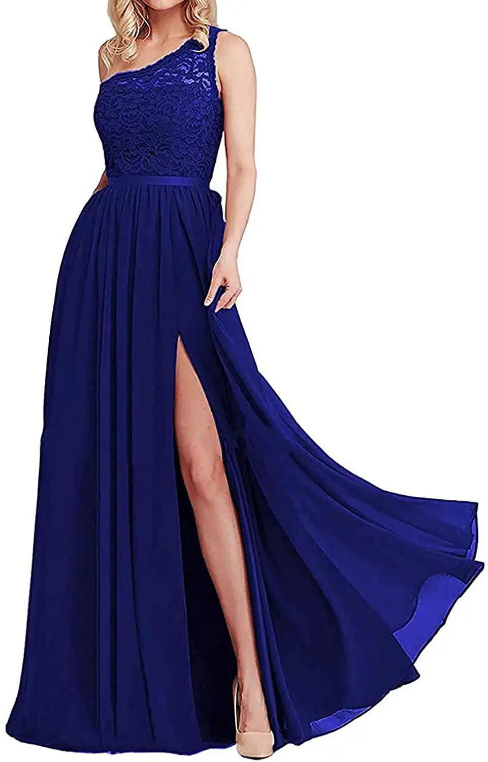 Women's One Shoulder Bridesmaid Dresses Long Prom Dress Formal Evening Gown with Lace Bodice Side Slit
Women's One Shoulder Bridesmaid Dresses Long Prom Dress Formal Evening Gown with Lace Bodice Side Slit