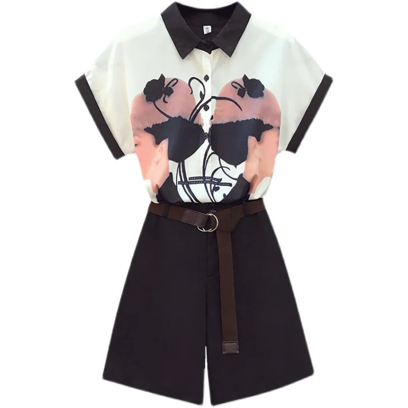 2021 korean two piece set for women Summer one shoulder crop top print blouse and casual shorts set women matching sets 
2021 korean two piece set for women Summer one shoulder crop top print blouse and casual shorts set women matching sets