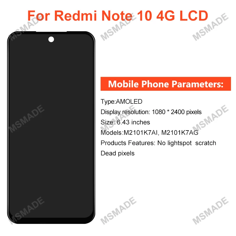 ЖК-дисплей 6 43 ''Super AMOLED для Xiaomi Redmi Note 10 4G M2101K7AI M2101K7AG с дигитайзером экрана 10S |