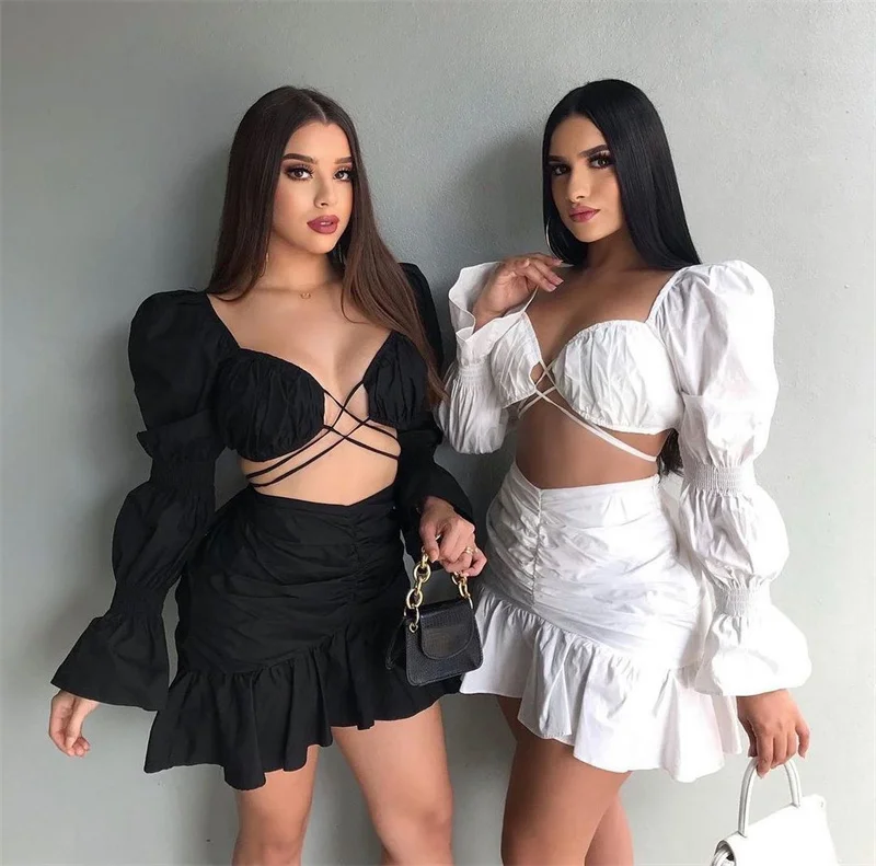 Two 2 Piece Set Outfits Sexy Club Square Collar Skirt Sets For Women Lantern Sleeve Lace Up Shirt Top Mini Skirts Suit
Two 2 Piece Set Outfits Sexy Club Square Collar Skirt Sets For Women Lantern Sleeve Lace Up Shirt Top Mini Skirts Suit