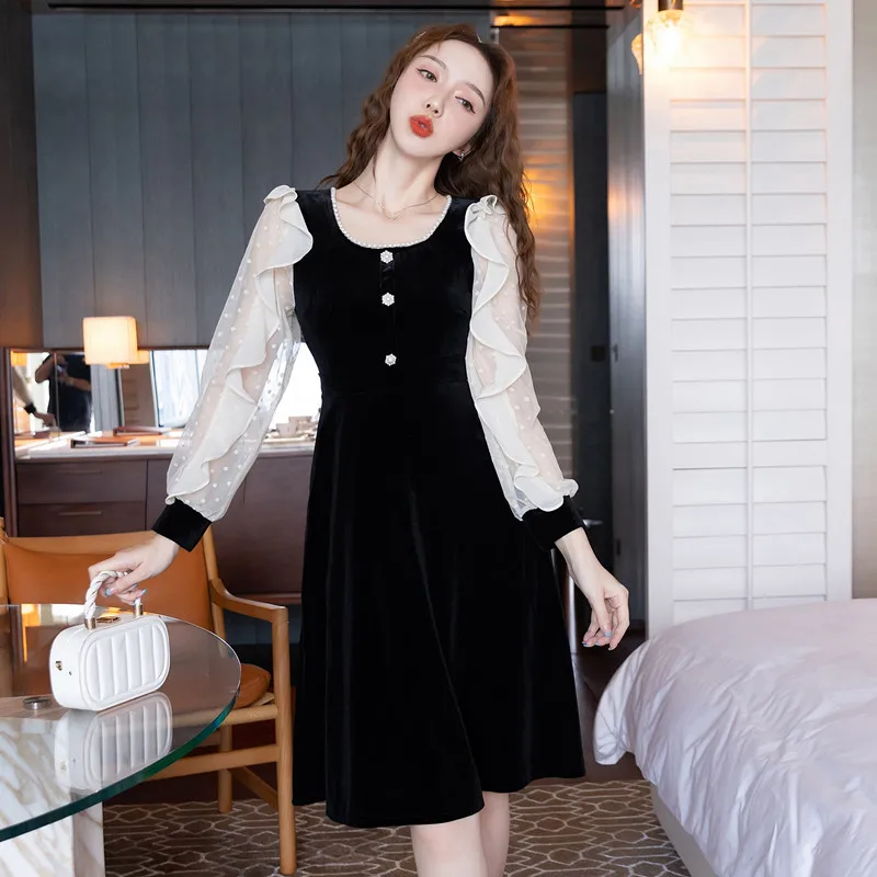 2022 Spring Autumn O-Neck Patchwork Velvet Women Dress Elegant Ladies Slim Sweet Dresses Robe Fashion Formal Ladies Clothing
2022 Spring Autumn O-Neck Patchwork Velvet Women Dress Elegant Ladies Slim Sweet Dresses Robe Fashion Formal Ladies Clothing
