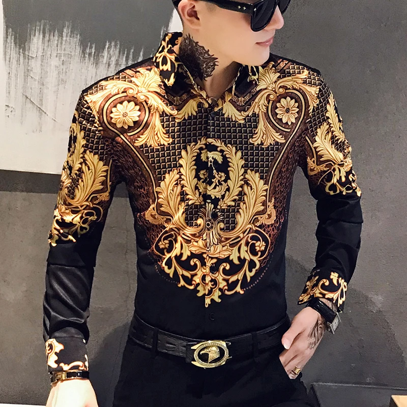 

Blouse Homme Casual Baroque Banquet Shirt Paisley Black Gold Men Shirt Luxury Korean Mens Long Sleeve Print Shirts Men Slim Fit