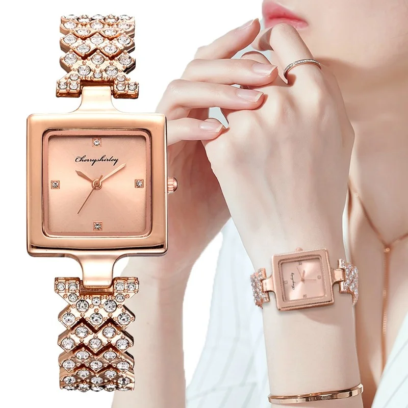 

Часы женские кварцевые под розовое золото, простые модные брендовые изысканные наручные, полностью из нержавеющей стали с бриллиантами