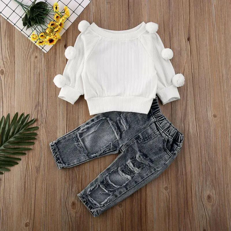 2PCS Toddler Kids Baby Girls Sweater Tops Denim Pants Winter Outfits Clothes fashion plush ball white sweater Shredded jeans
2PCS Toddler Kids Baby Girls Sweater Tops Denim Pants Winter Outfits Clothes fashion plush ball white sweater Shredded jeans