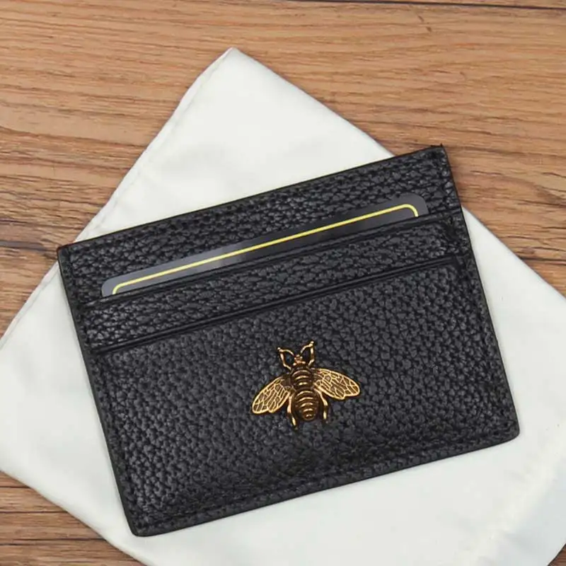 

Customize Own Brand Genuine Leather Wallet Bee Credit Card Holder Men Women Short Business Case ID Bag Mini Coin Purse