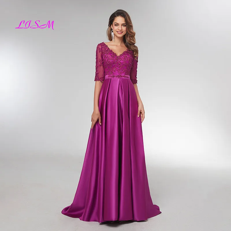 Фиолетовые Вечерние платья с короткими рукавами 2020 элегантные кружевные Длинные