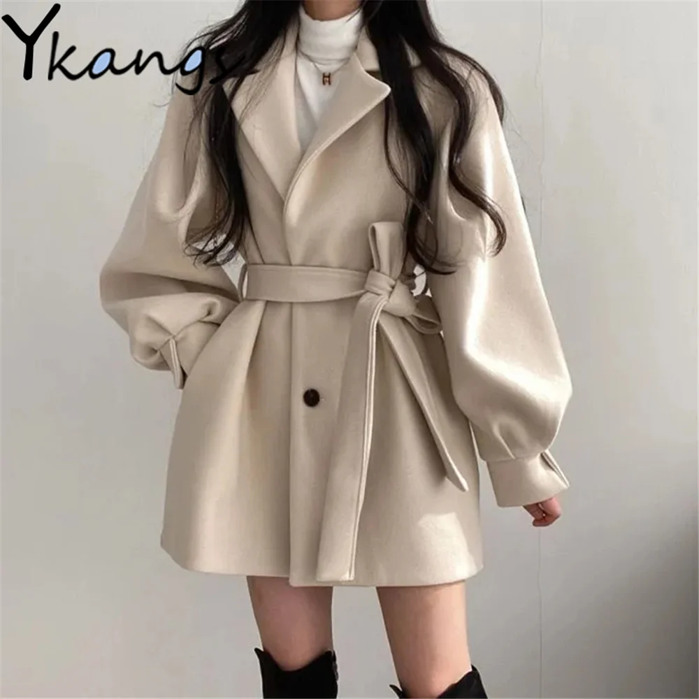 Korean Style Suit Collar Lantern Sleeve Lace Up Woolen Cloth Coat Ol Office Commuter Outfit Autumn Winter Loose Simple Elegant 
Korean Style Suit Collar Lantern Sleeve Lace Up Woolen Cloth Coat Ol Office Commuter Outfit Autumn Winter Loose Simple Elegant