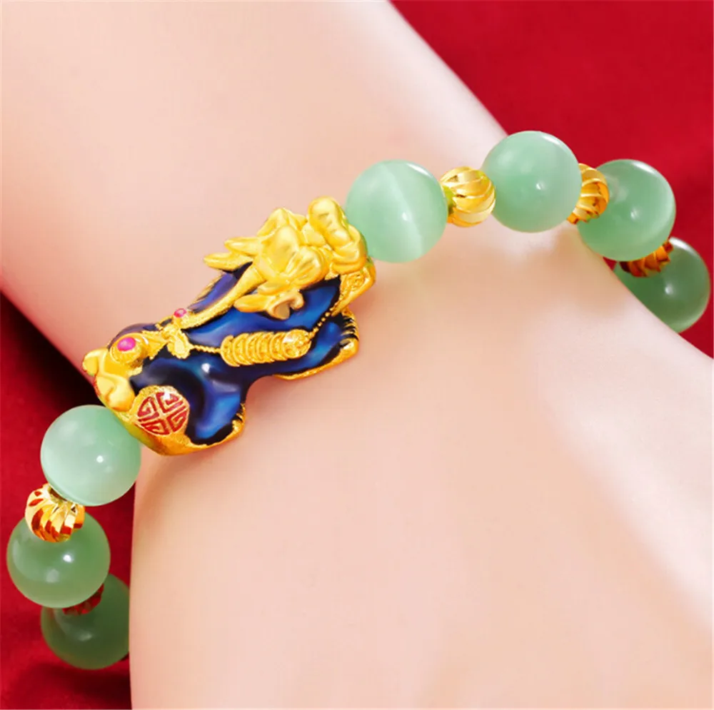 

Модный женский браслет 10 мм из натурального зеленого оникса, песок, золотой, меняющий цвет, амулет Pixiu, перенос удачи, лучший подарок для нее