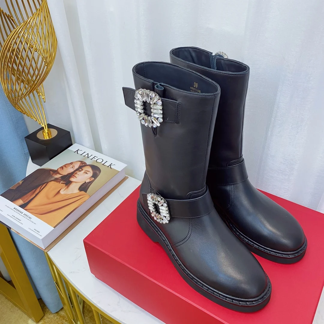 Women Round Toe Platform Slip On Boots Ladies Crystal Buckle Black Genuine Leather Mid-Calf Boots Botas De Mujer Designer Shoes
Women Round Toe Platform Slip On Boots Ladies Crystal Buckle Black Genuine Leather Mid-Calf Boots Botas De Mujer Designer Shoes