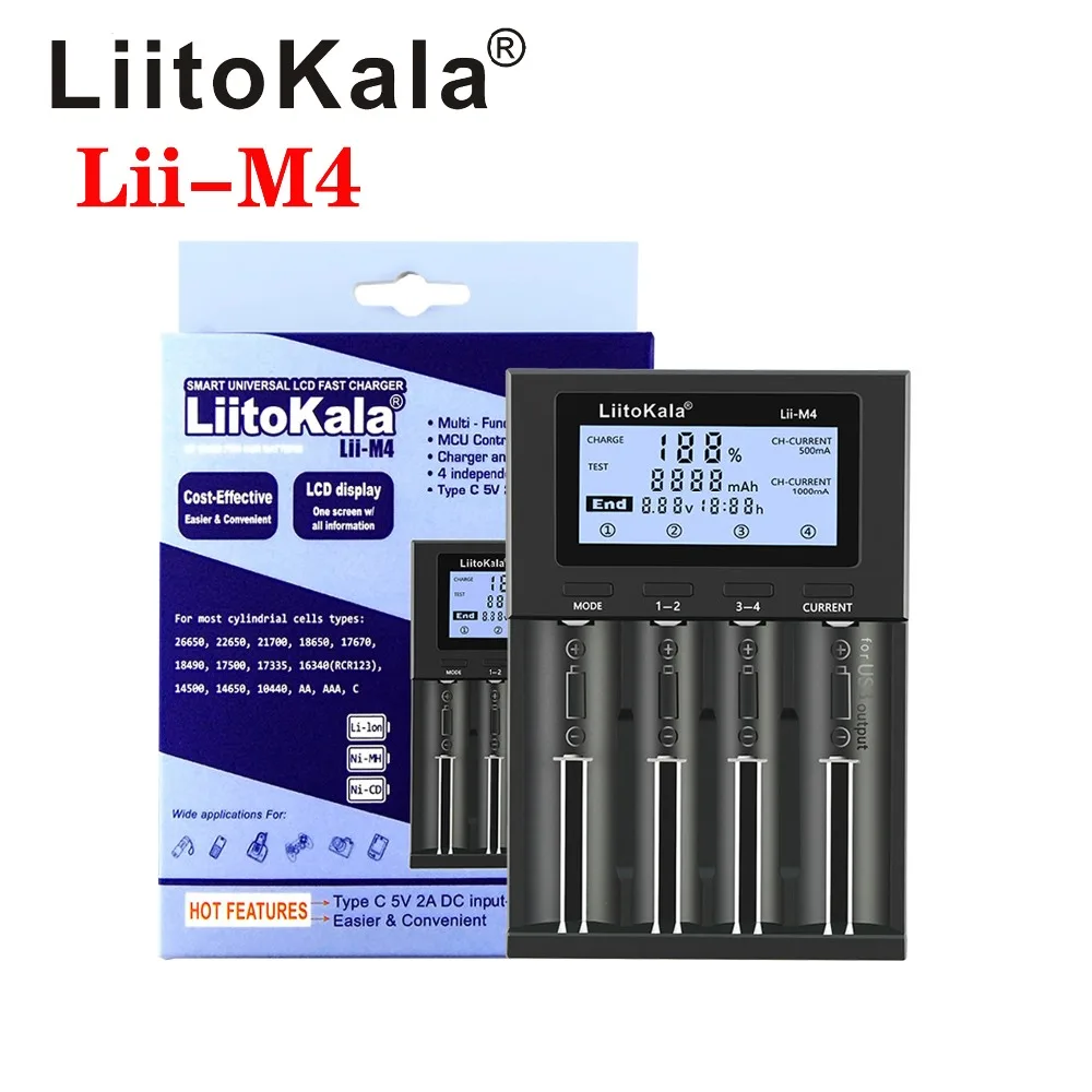 LiitoKala Lii-M4 LCD 3.7V/1.2V AA/AAA 18650/26650/16340/14500/10440/18500 Battery Charger with screen Detectable capacity 5V
LiitoKala Lii-M4 LCD 3.7V/1.2V AA/AAA 18650/26650/16340/14500/10440/18500 Battery Charger with screen Detectable capacity 5V