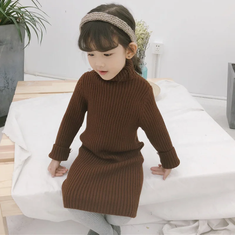 Детское трикотажное платье свитер с высоким воротником принцессы для девочек на